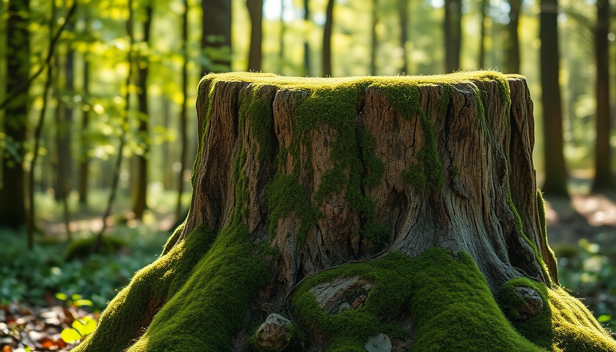 Tree stump covered in moss in a sunlit forest, serenity and nature.