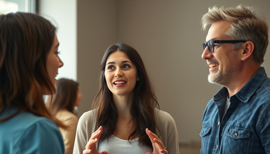 Engaged woman expressing surprise in animated conversation indoors.
