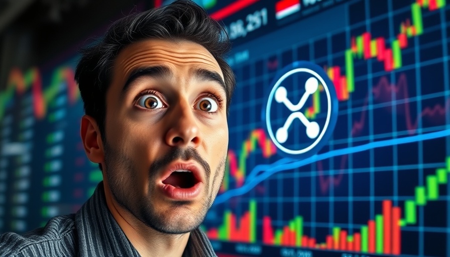 Surprised man reacting to XRP coin values on a chart.