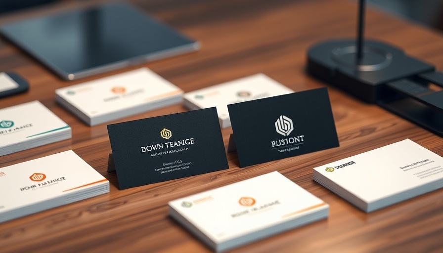 Sophisticated brand identity design with business cards on wooden desk.