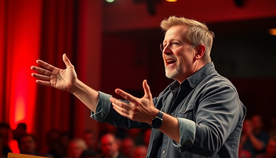Expressive man discussing Power of Vulnerability in Professionals on stage.