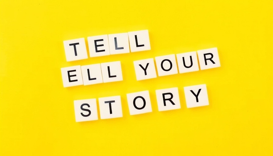 Bold white tiles on yellow background spelling 'Tell your Story'. Focus on storytelling techniques in marketing.
