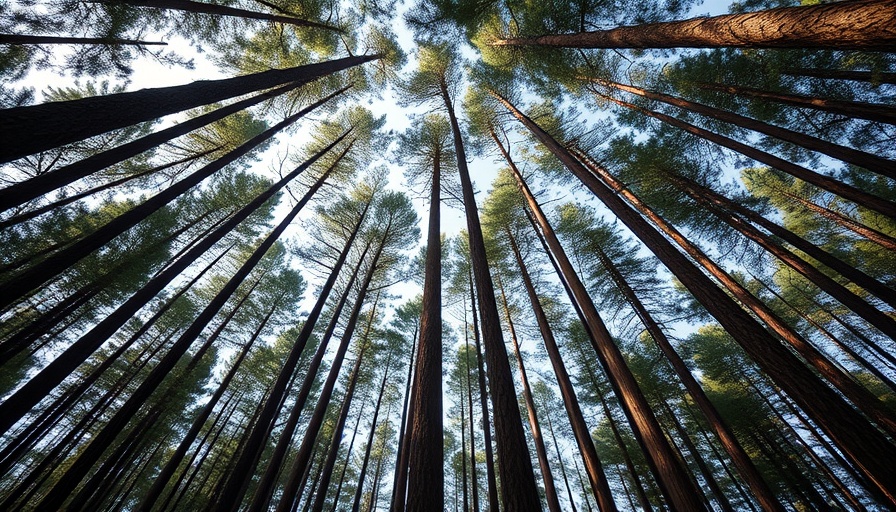 Tall pine trees symbolizing patience and growth, viewed from below.