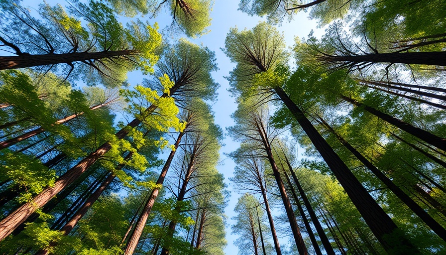 Tall trees and blue sky represent mindfulness for mental health.