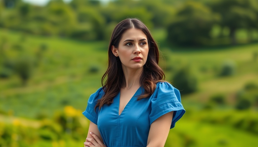 Thoughtful woman in blue dress against lush green background.