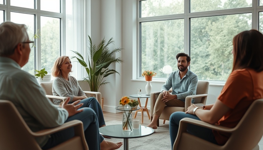 Group therapy session in addiction treatment center, supportive atmosphere