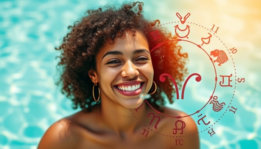 Happy woman by pool with zodiac chart, Mercury retrograde tips.