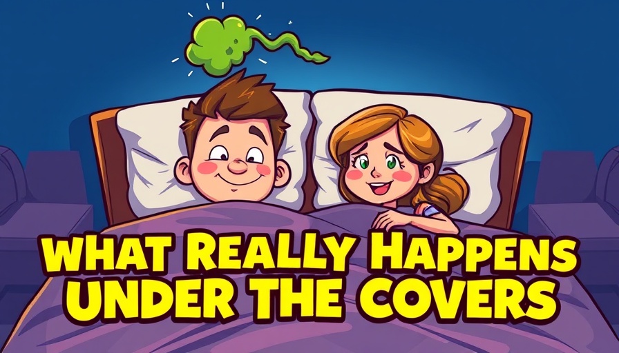Cartoon couple in bed with humorous gas symbol and text about nighttime gas.