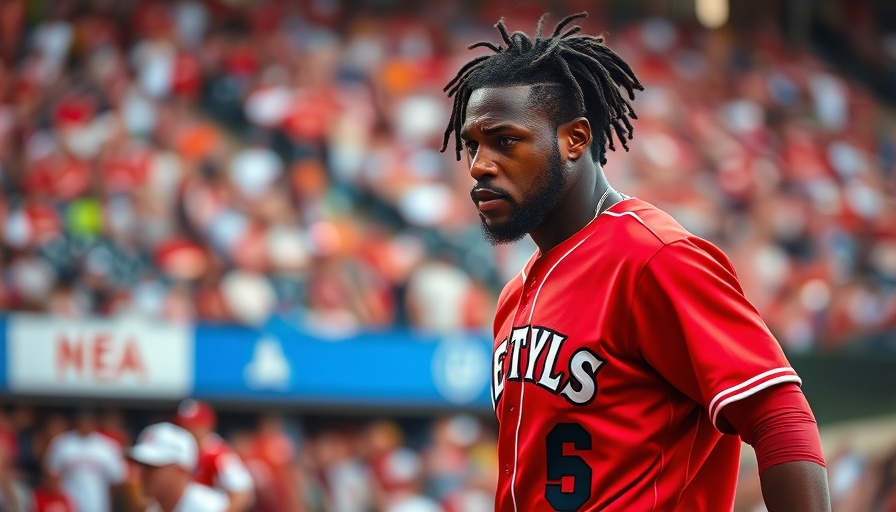 MLB player in red jersey with focused expression on field.