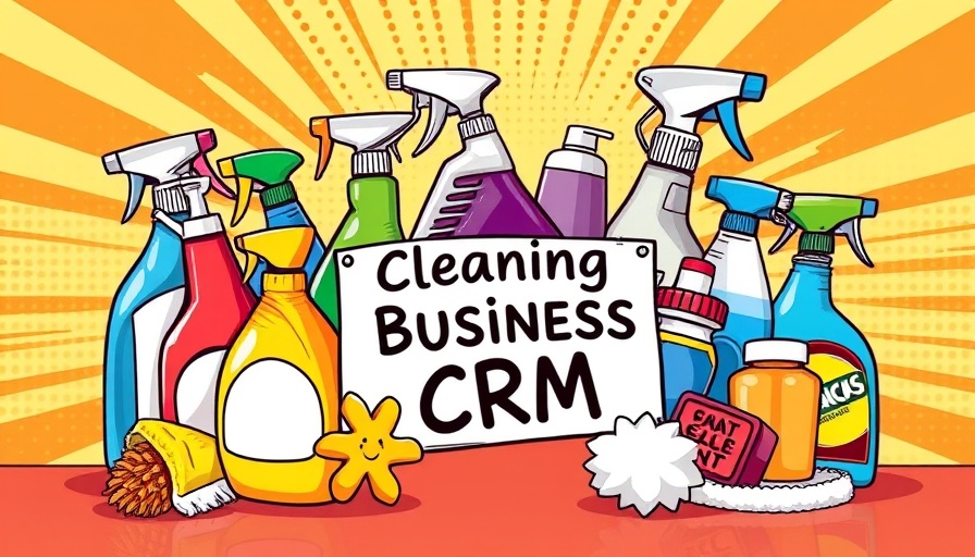 Illustration of cleaning supplies with a CRM name tag in retro style