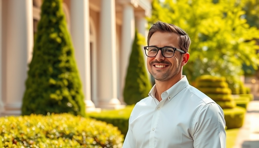 Man outside a classical building at the Global Mental Health Conference