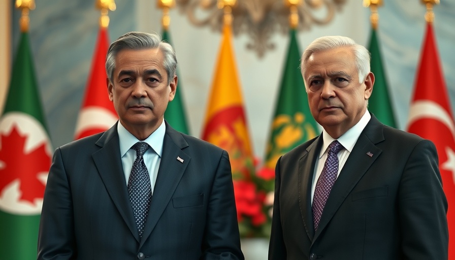 Two leaders at a diplomatic meeting with flags in the background.