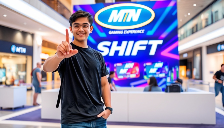 MTN SHIFT Gaming Experience backdrop with man posing confidently.