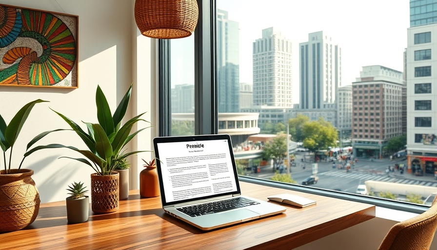 Modern workspace in Africa overlooking a vibrant city, focus on technology.
