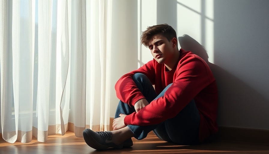 Young man with closed eyes in red sweater sitting against wall, illustrating PTSD and Anxiety Connection.