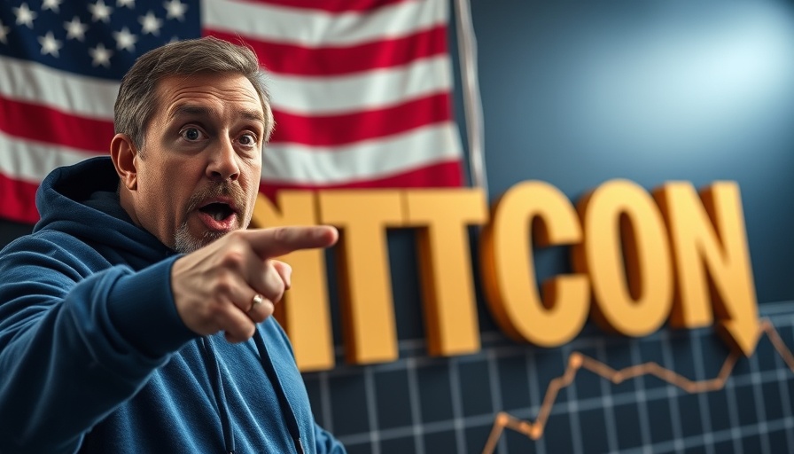 Surprised man with cryptocurrency symbols and American flag background, Altcoin season context.