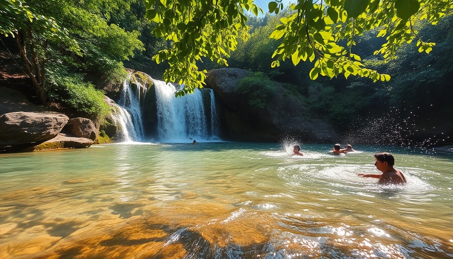 Lush waterfall landscape with people swimming, Bitcoin Braces for Impact.
