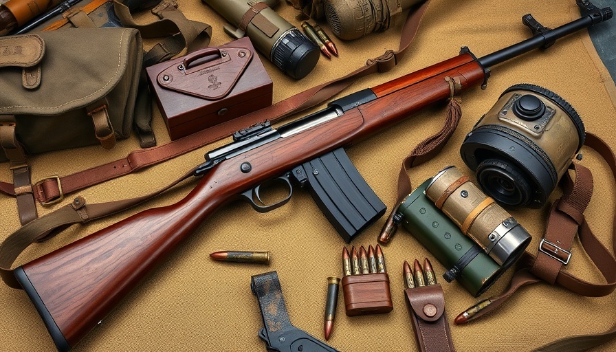 WW2 M1 Carbine with ammo and gear, vintage military setup.