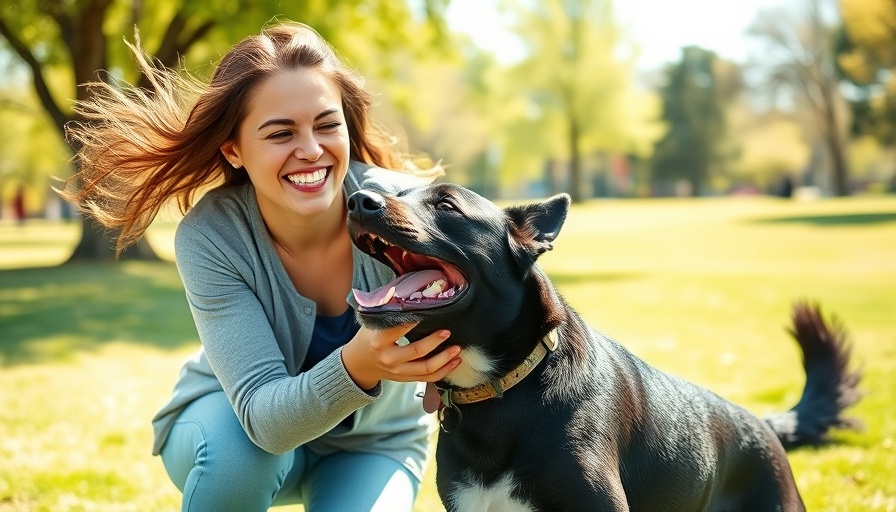 Woman playing with black dog in a sunny park, vibrant scene