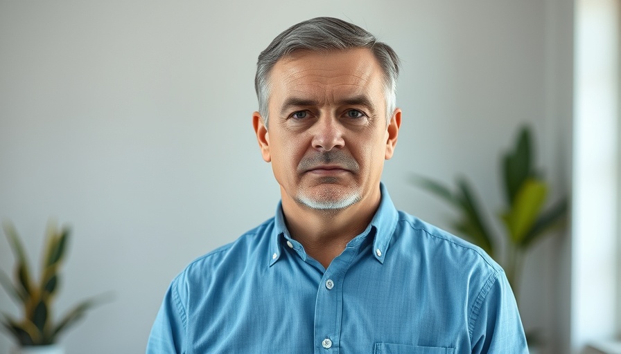 Middle-aged man discussing why your breath smells in the morning, wearing a blue shirt indoors.
