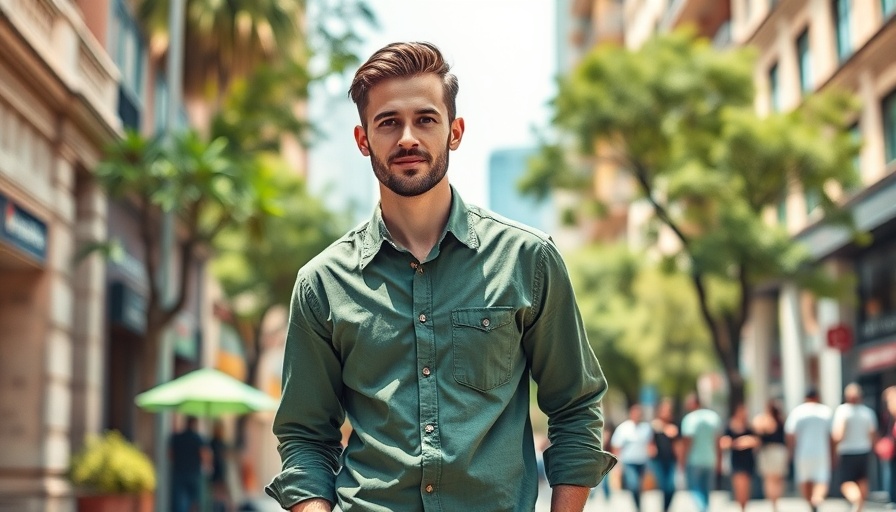 Casual street scene with man walking in bright sunlight, vibrant urban setting focused on Bitcoin and crypto investing.