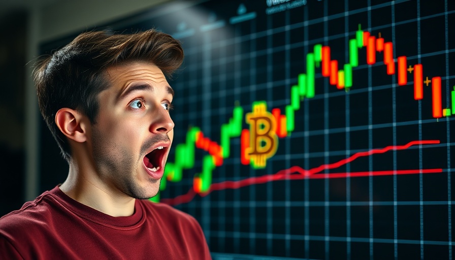 Excited man analyzing Bitcoin price chart for Bitcoin price predictions.