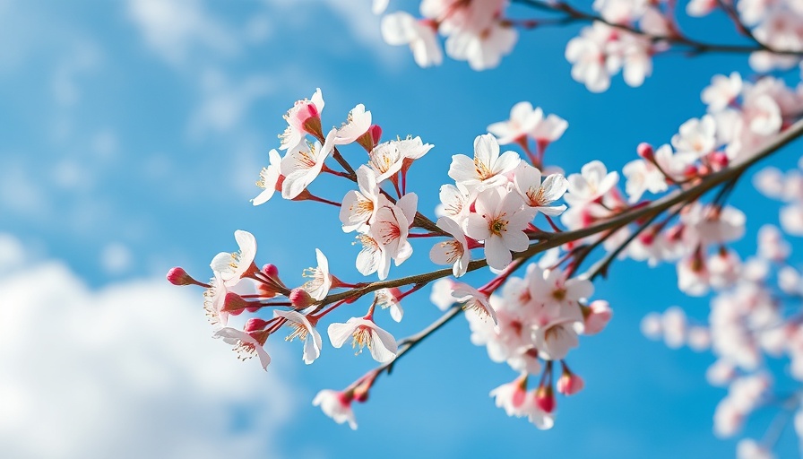 Cherry blossom branches against a blue sky, serene and vibrant.