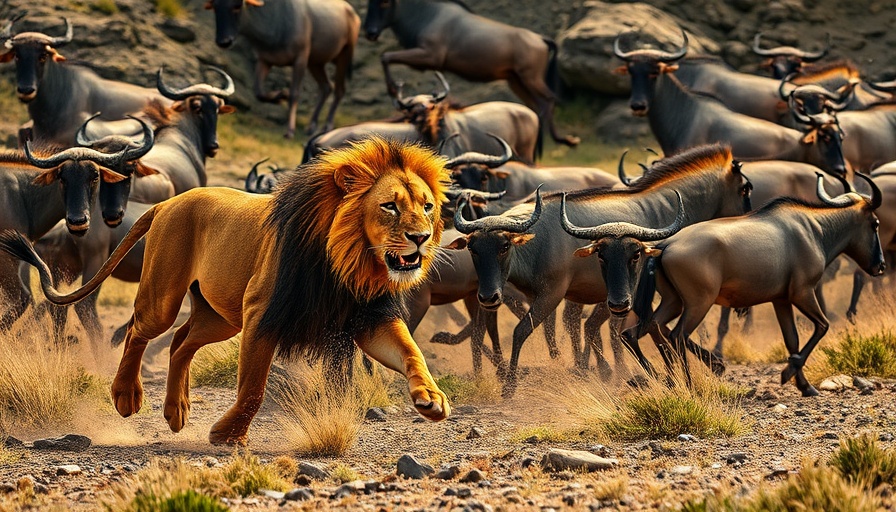 Dramatic wildlife scene at Mara River with lion and wildebeests.