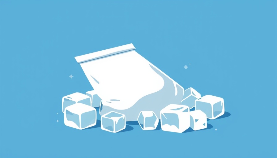 Illustration of an ice bag with ice cubes against a blue background.
