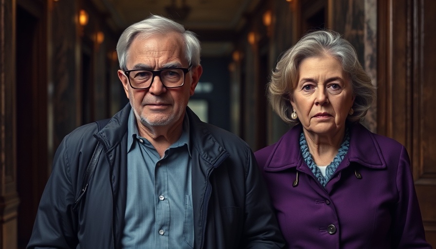 Serious elderly man and woman walking through dim hallway, Skydance political bribery allegations.