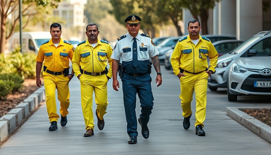 South African politics: group in yellow uniforms with police officer walking outdoors.