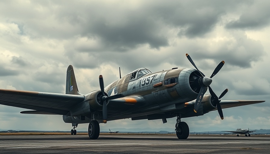 Flak-Bait bomber on WWII airfield under cloudy sky.