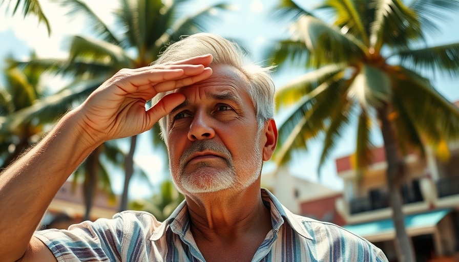 Middle-aged man outdoors contemplating under palm trees, Bitcoin Analysis.