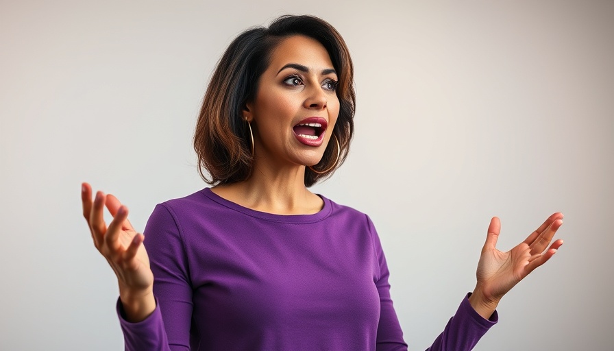 Woman discussing therapy appointments with expressive gestures indoors.