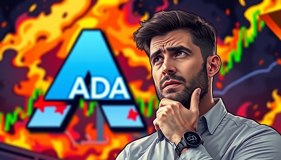Worried man and ADA logo with stock chart, fiery background.