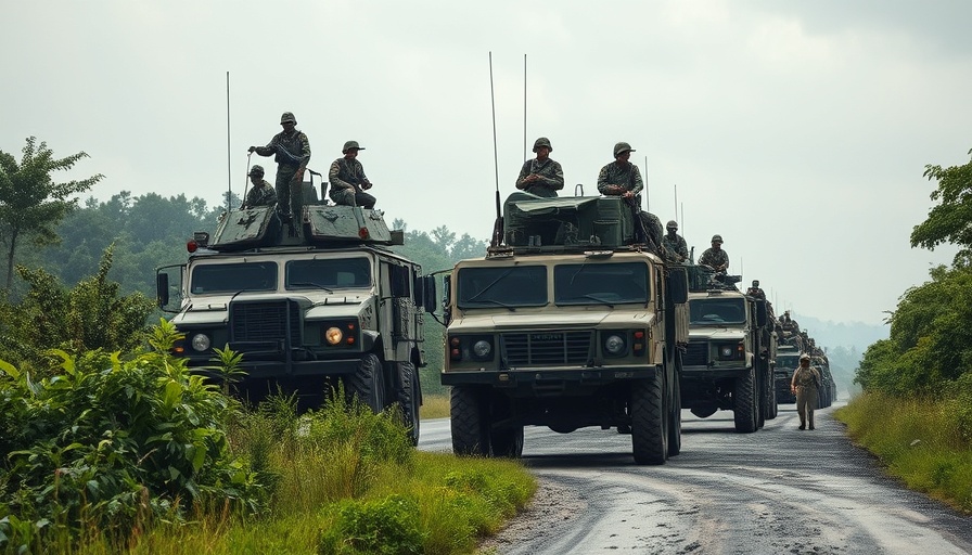 Military vehicles in rural DRC for genocide recognition efforts.