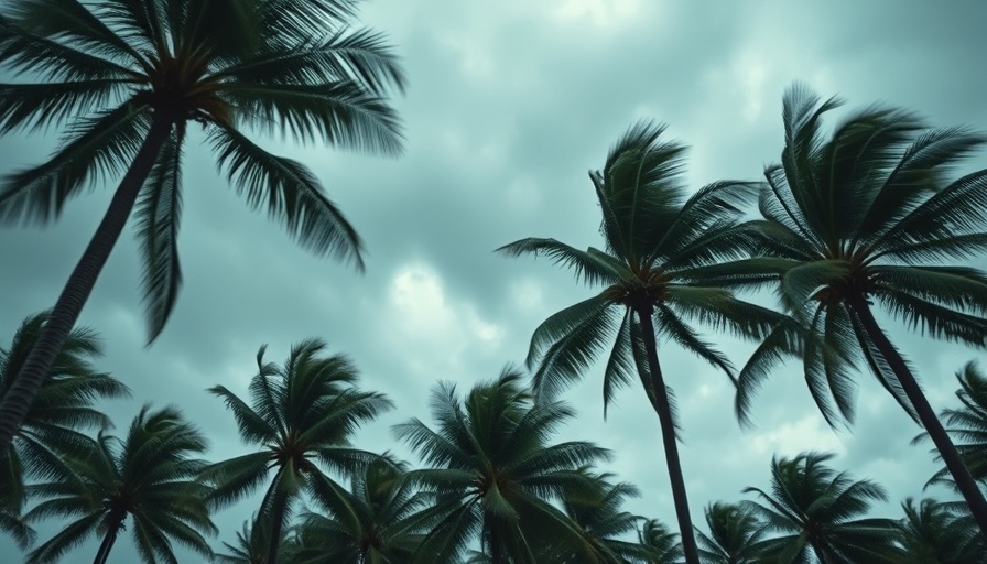 Palm trees swaying in strong winds reflecting South Africa weather impacts.