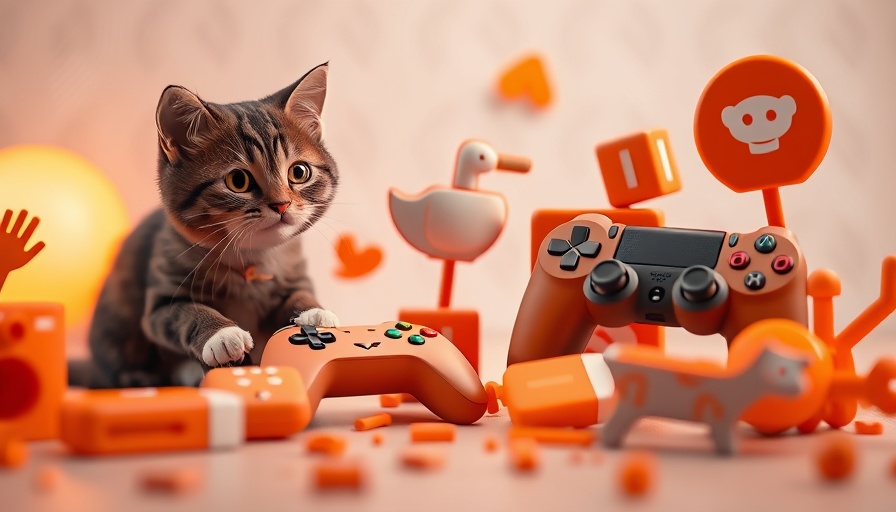 Playful 3D orange icons with Reddit logo, abstract theme