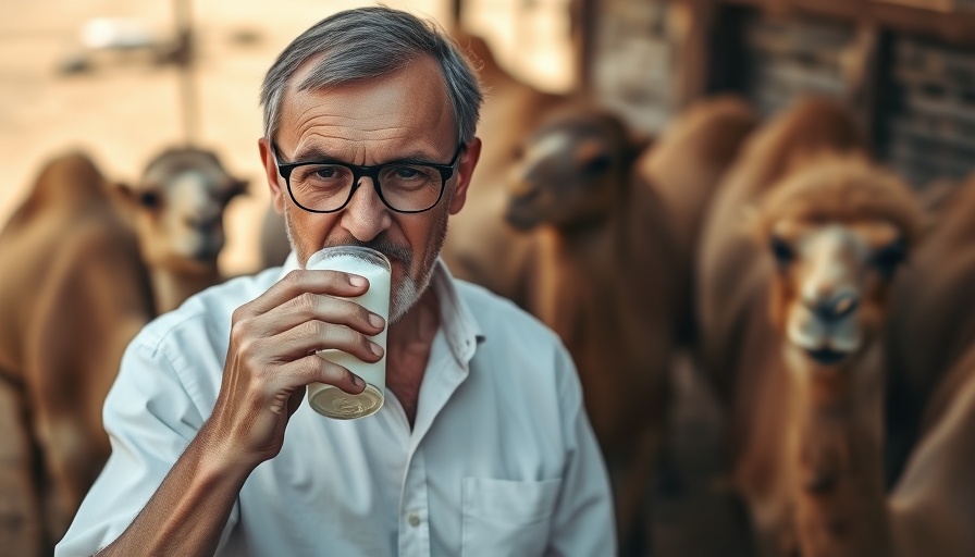 Camel milk revolution man drinking fresh milk on farm.