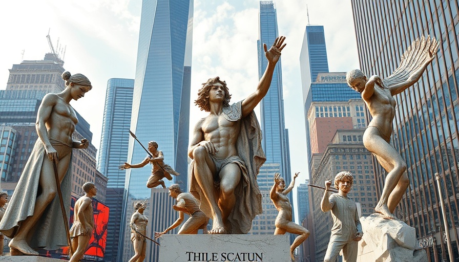 Intricate modern public art sculptures in urban plaza; Public Art Trends.
