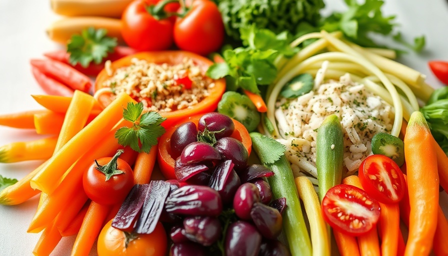 Colorful vegetables and ingredients neatly arranged on a table.