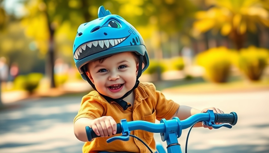 Child with Crazy Safety Helmet riding a bicycle in a sunny park.