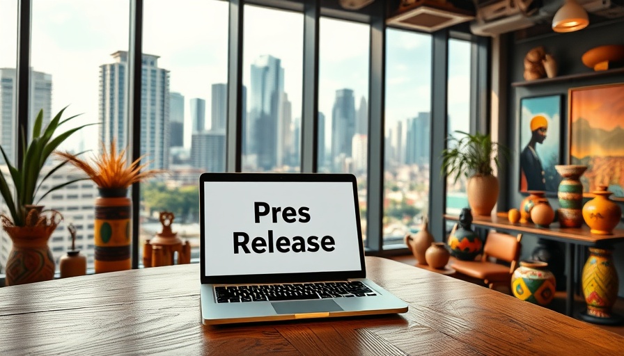 Vibrant office with African cityscape view, colorful decor, property management theme