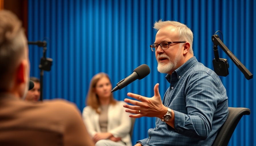 Engaged speaker on podcast discussing understanding marketing, vibrant setting.