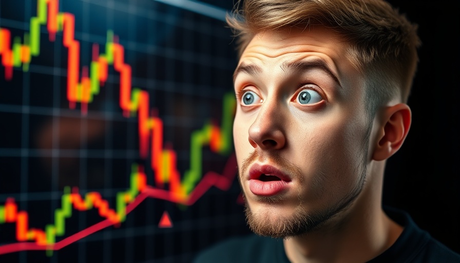 Surprised young man observing Bitcoin price action analysis chart.