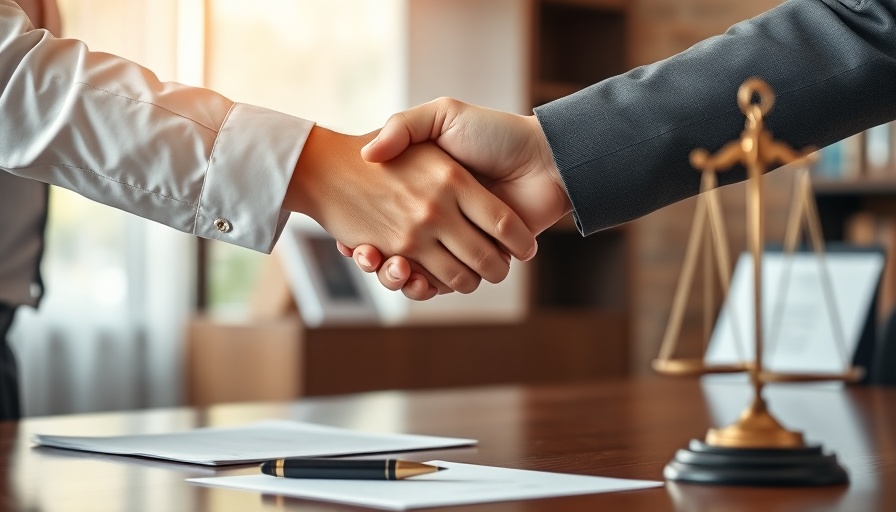 Business handshake in law office highlighting SEO content marketing for law firms.