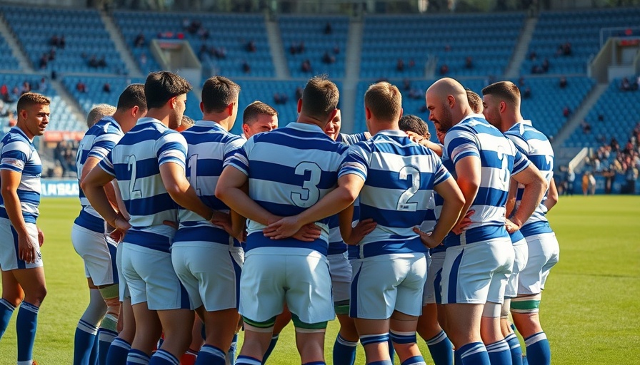 Rugby team huddling on field in Currie Cup match.