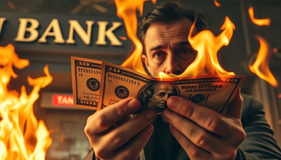 Financial system issues depicted with burning dollar bills.