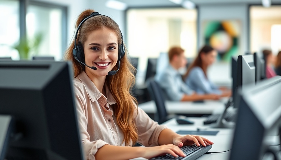 Woman using headset in predictive contact center.