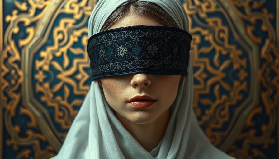 Mystical representation of spiritual teachings and justice, a woman with a blindfold amidst intricate patterns.